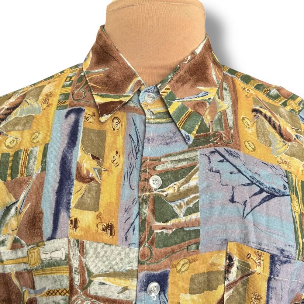 Vintage Paradise Gold Fishing Hawaiian Printed Shirt Large Rayon Patchwork Sail